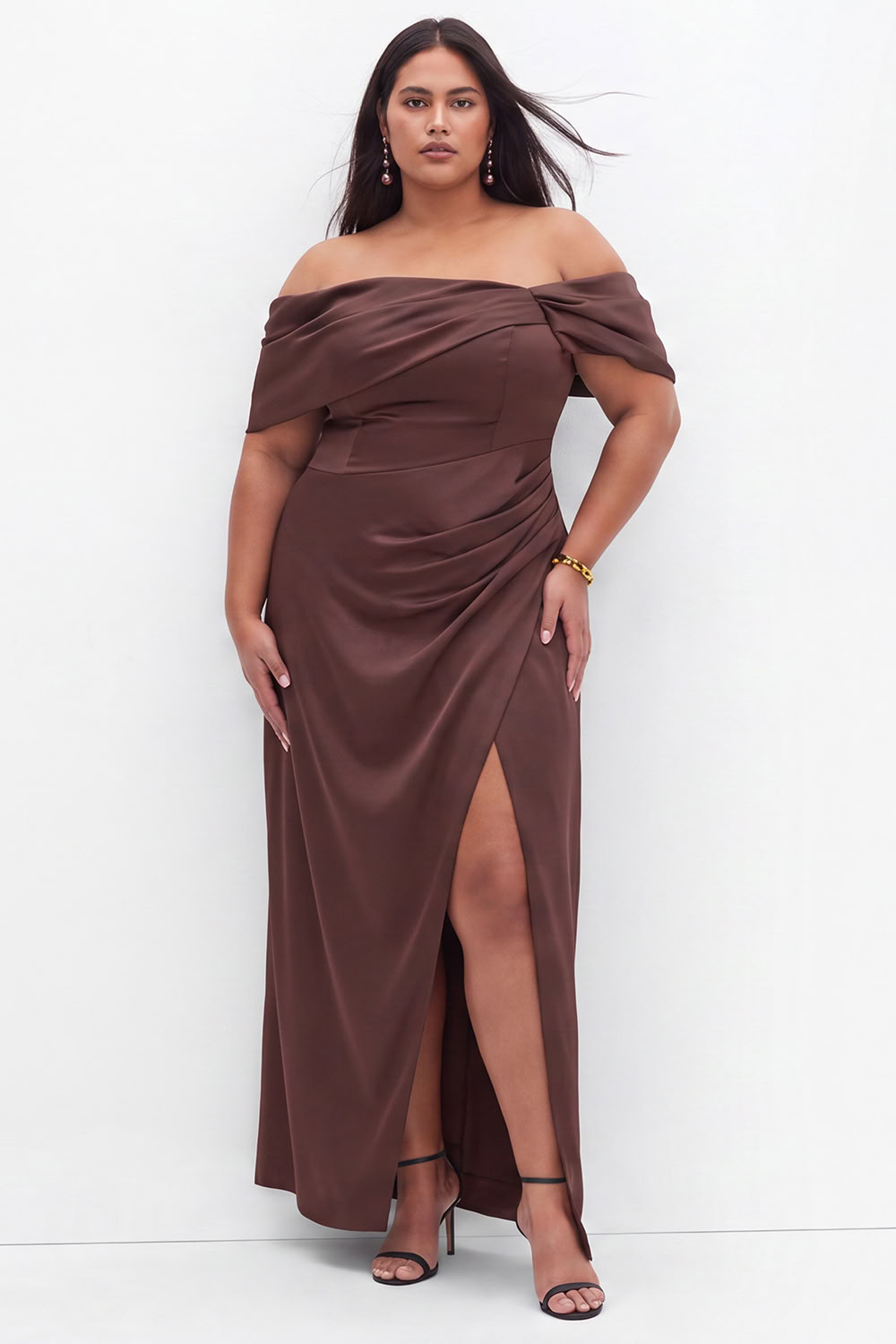 Plus Size Coffee Off the Shoulder Formal Dress with Slit