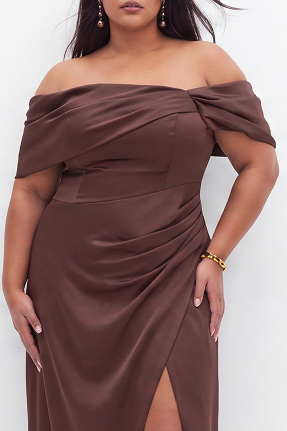 Plus Size Coffee Off the Shoulder Formal Dress with Slit