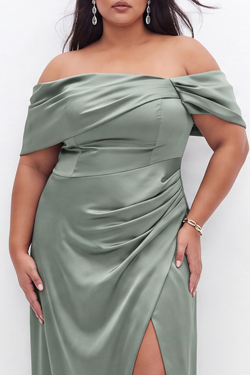Plus Size Coffee Off the Shoulder Formal Dress with Slit