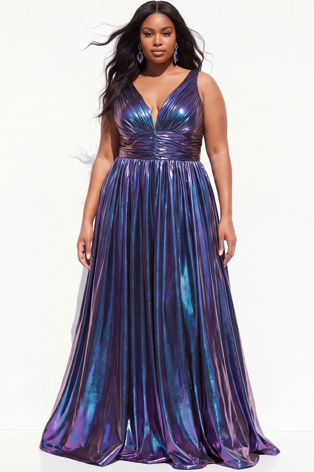 Purple A Line Pleated Plus Size Long Prom Dress