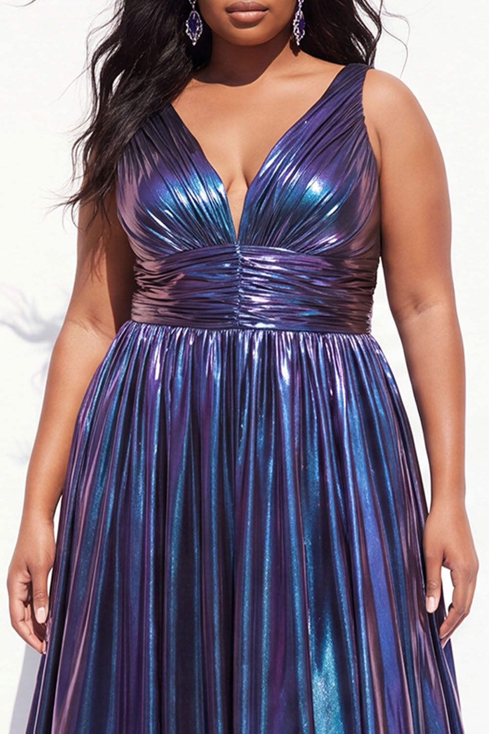Purple A Line Pleated Plus Size Long Prom Dress