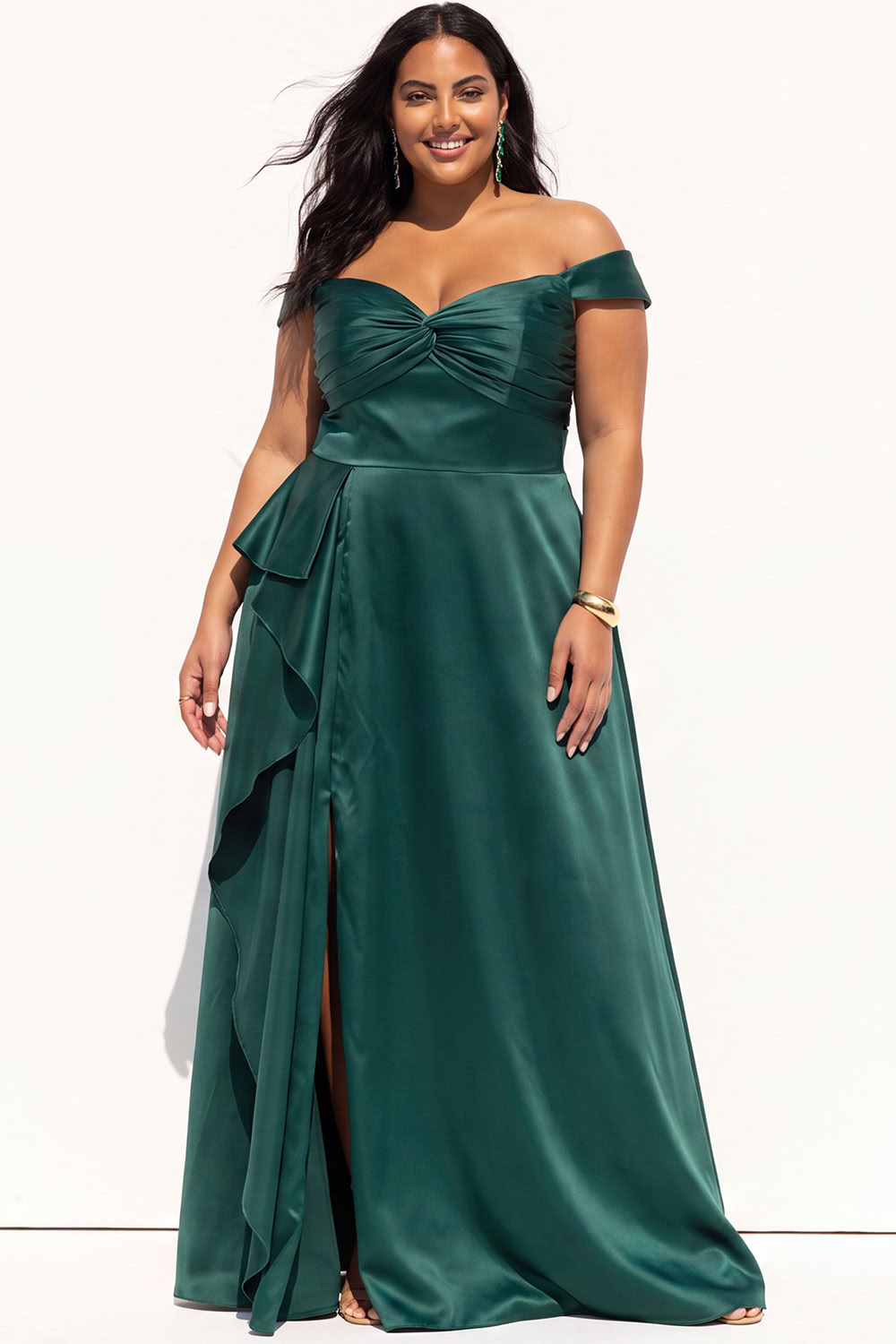 Dressself Women Forest Green Plus Size Formal Dress Off the Shoulder A Line Evening Dress with Slit