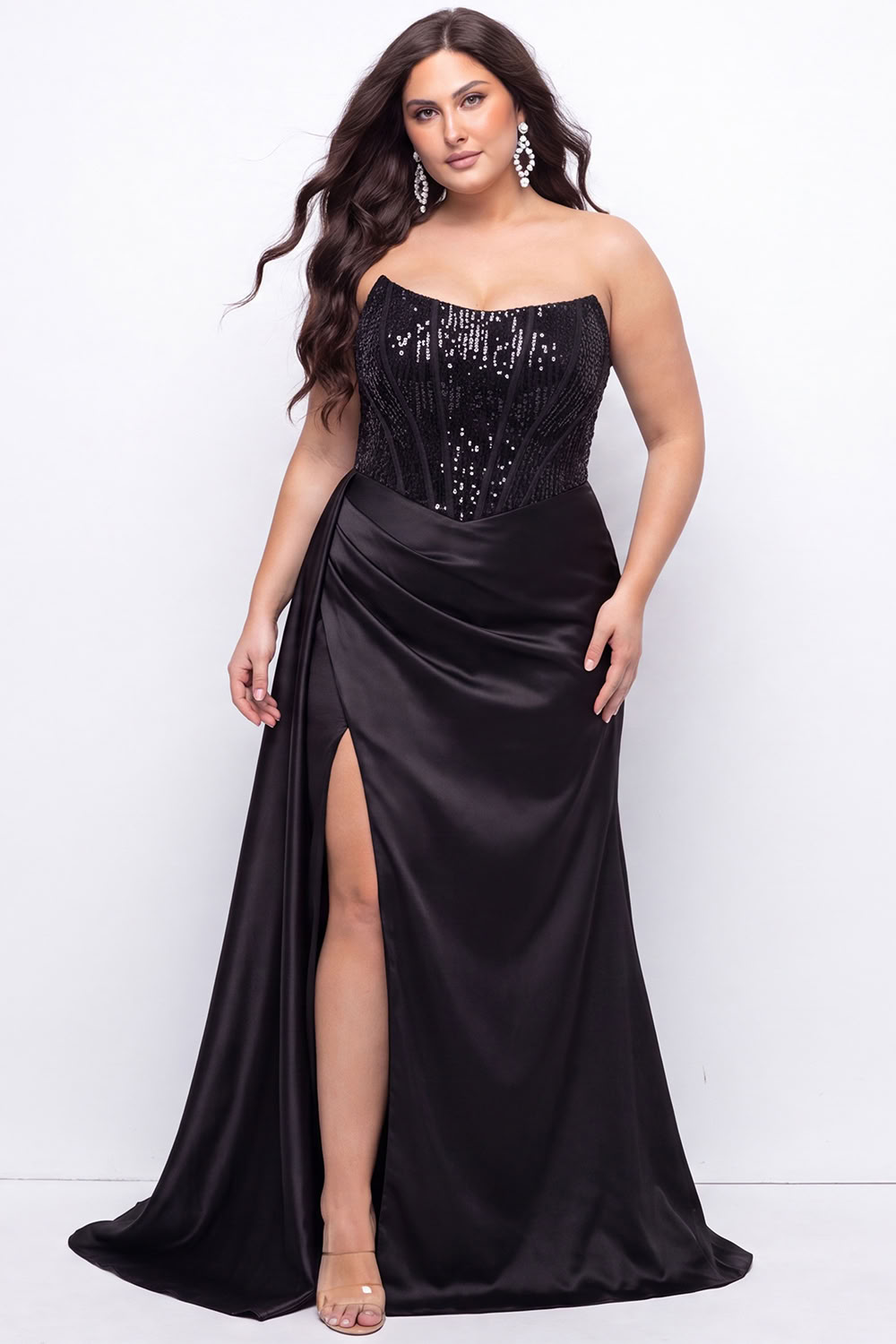 Strapless Black Mermaid Sequin Plus Size Formal Dress with Slit