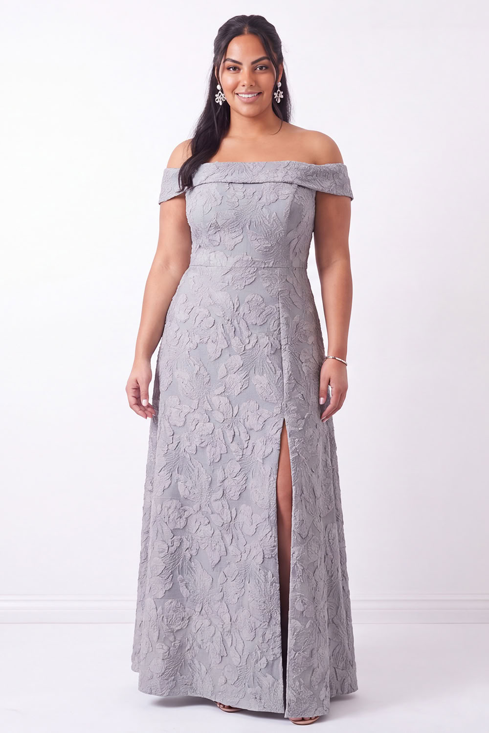 Plus Size Light Grey Off the Shoulder Floral Maxi Dress