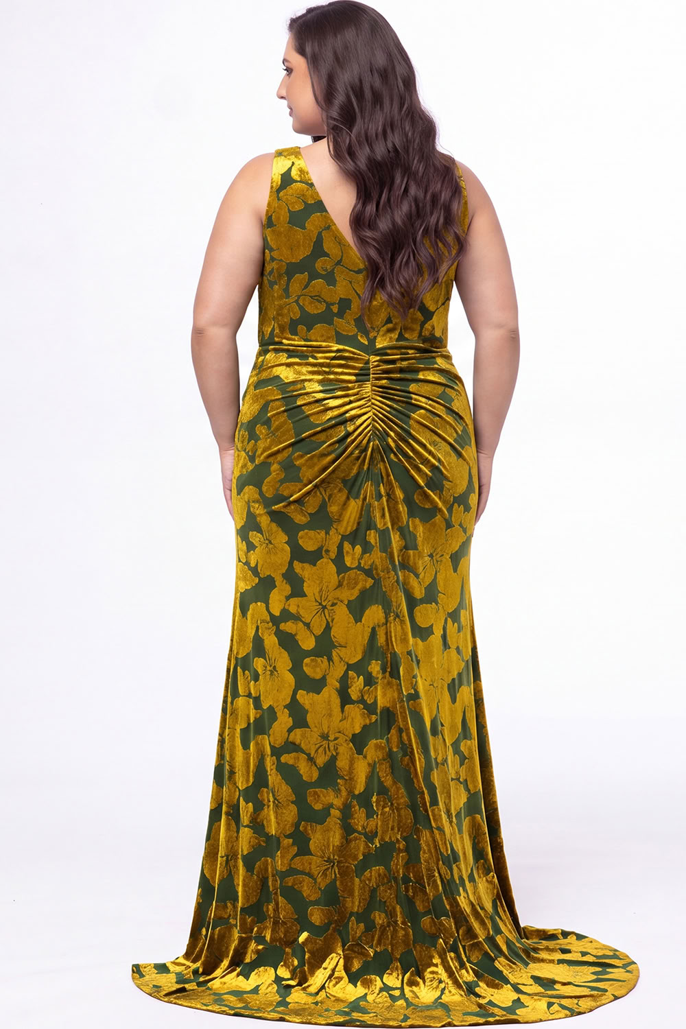Yellow Floral Velvet Mermaid Maxi Plus Size Dress