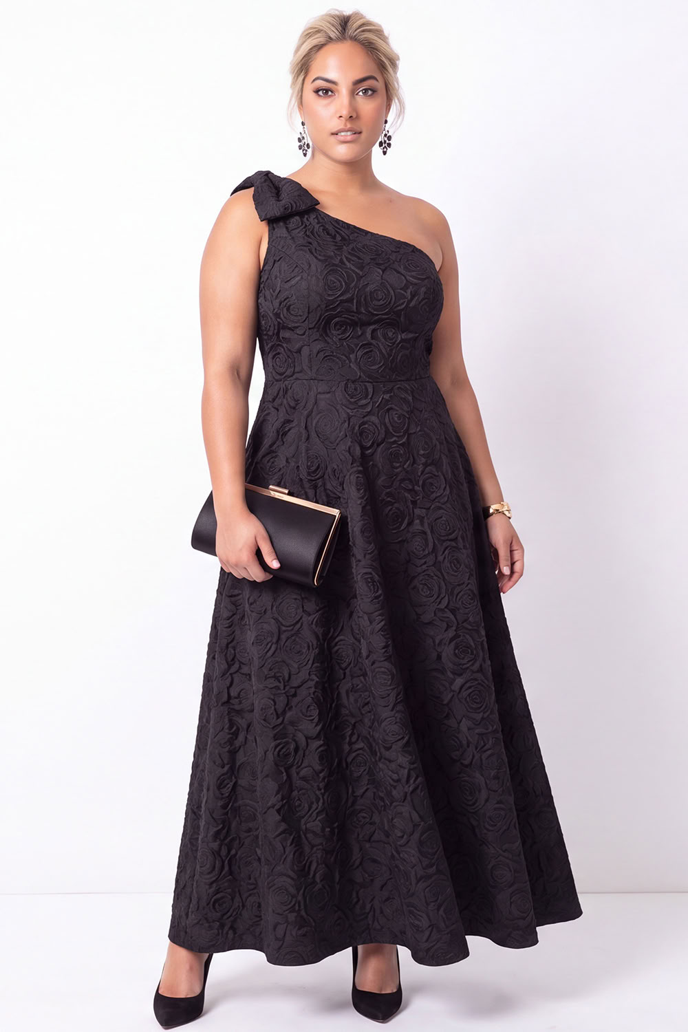 Plus Size One Shoulder A Line Black Floral Formal Dress
