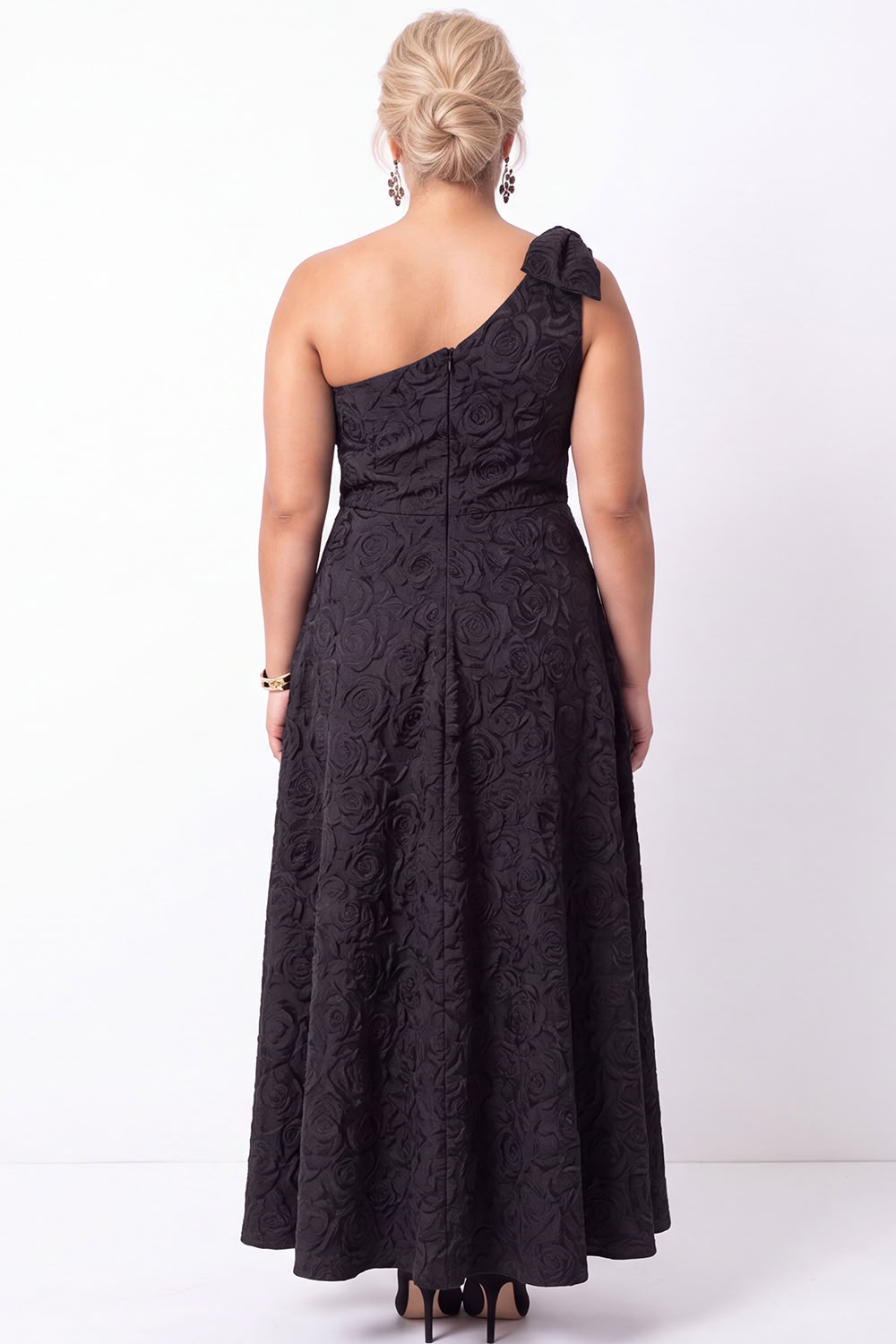 Plus Size One Shoulder A Line Black Floral Formal Dress