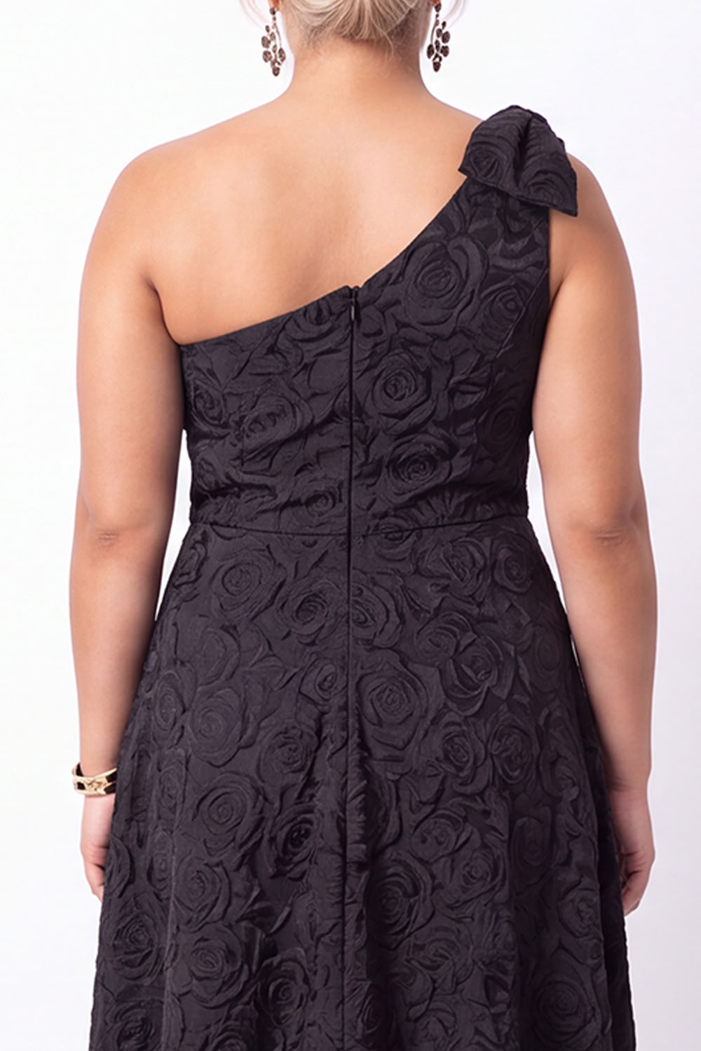 Plus Size One Shoulder A Line Black Floral Formal Dress