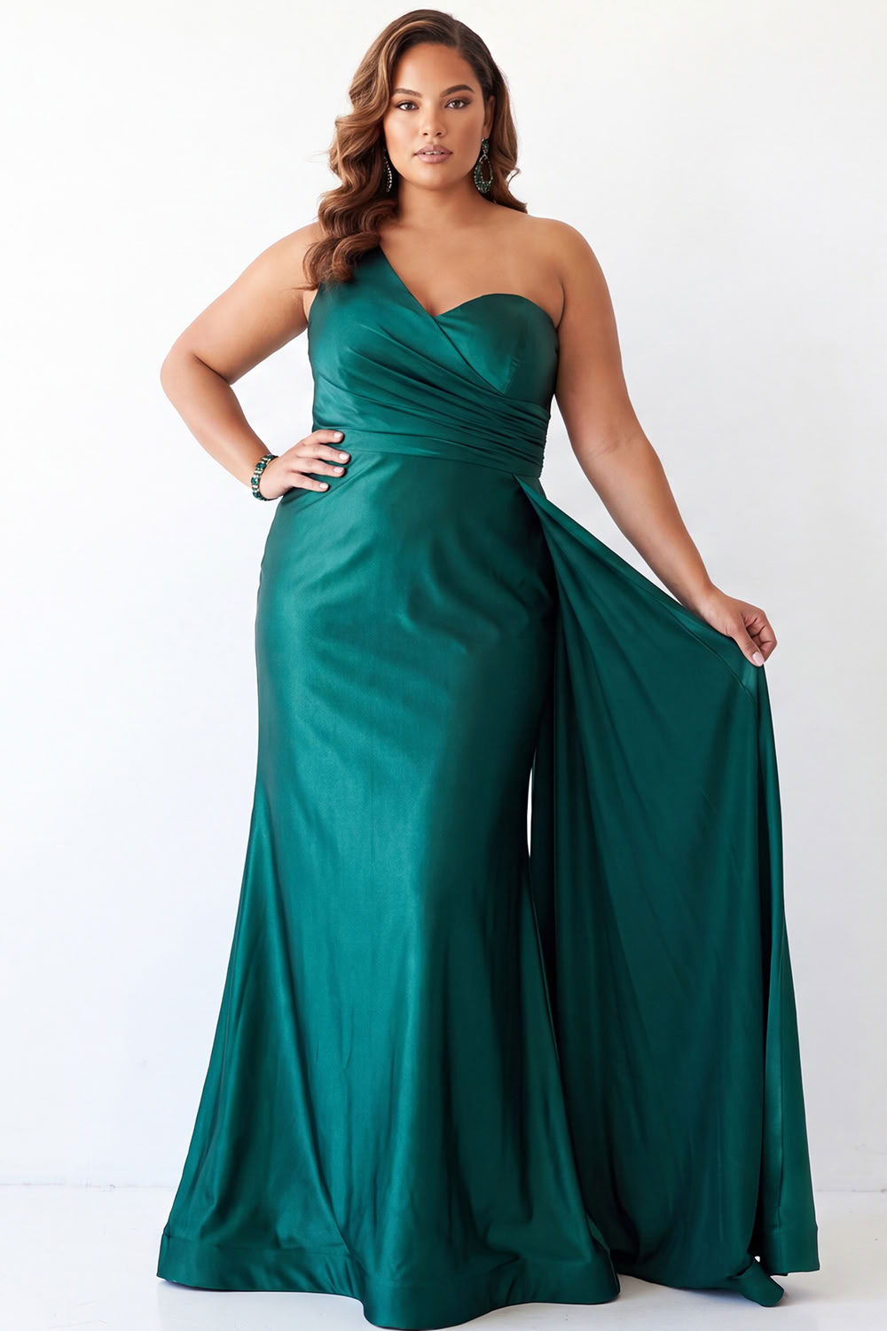 Dressself Women Forest Green Mermaid Formal Dress One Shoulder Long Evening Dress with Sash