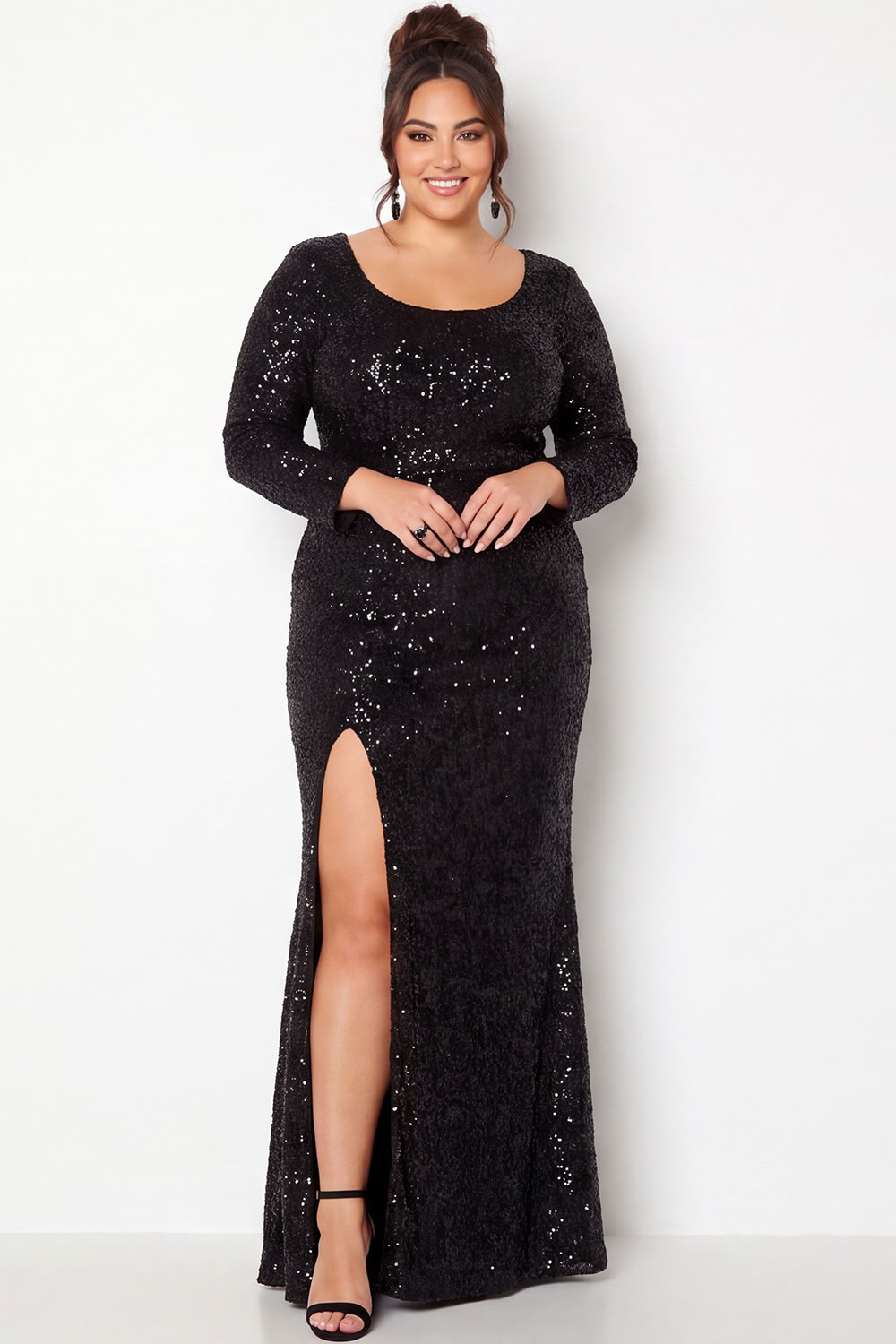 Sparkly Sequin Black Long Sleeve Plus Size Prom Dress with Slit