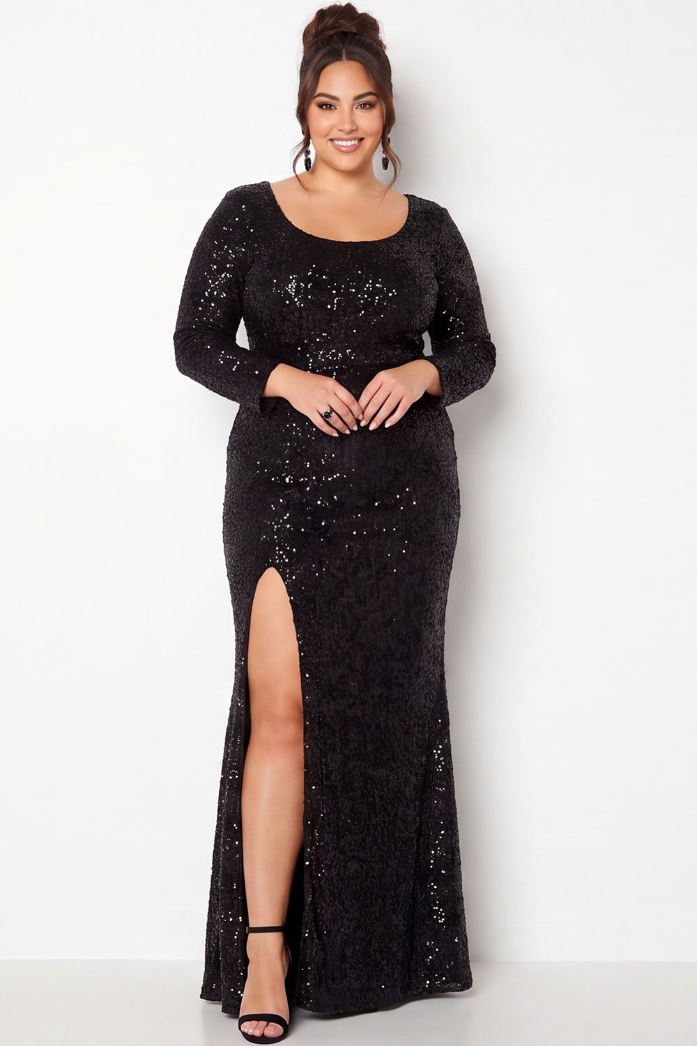 Dressself Women Sparkly Sequin Black Plus Size Prom Dress Long Sleeve Round Neck Evening Dress with Slit