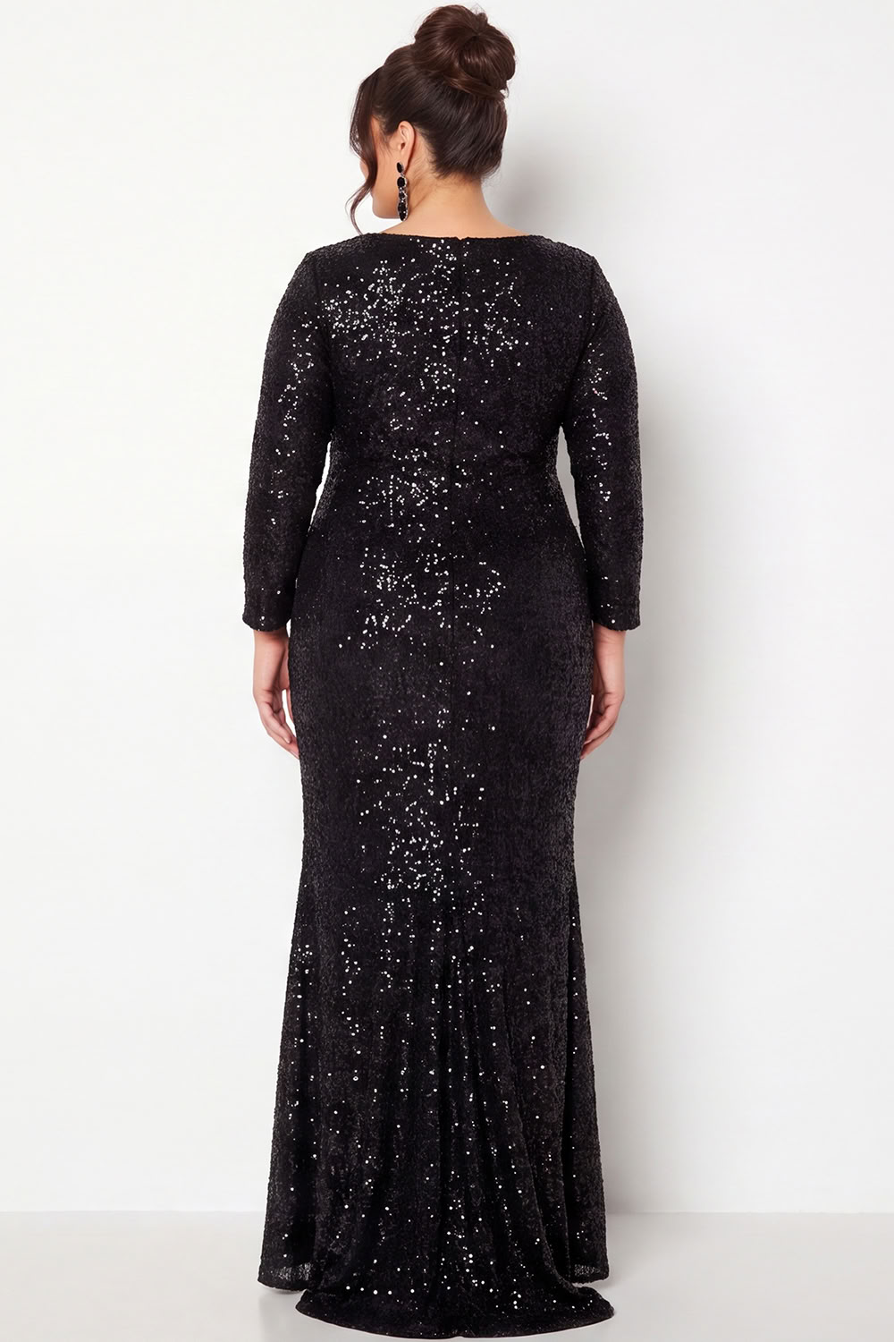 Sparkly Sequin Black Long Sleeve Plus Size Prom Dress with Slit