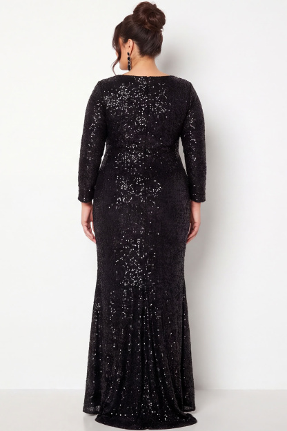 Sparkly Sequin Black Long Sleeve Plus Size Prom Dress with Slit