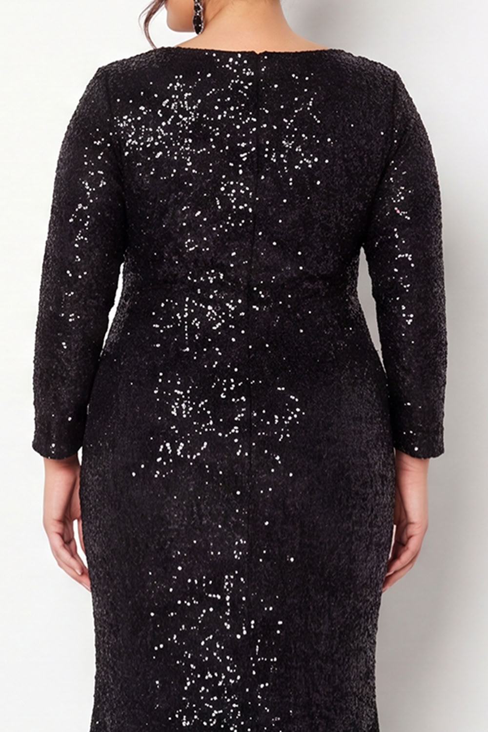 Sparkly Sequin Black Long Sleeve Plus Size Prom Dress with Slit
