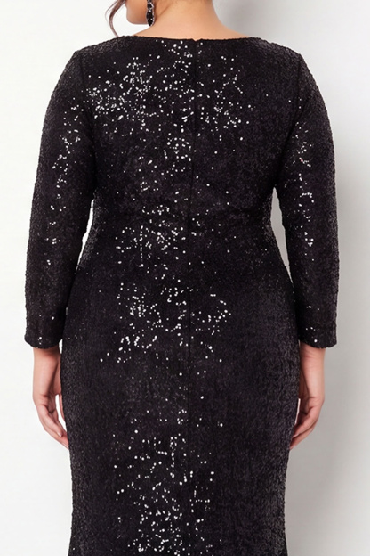 Sparkly Sequin Black Long Sleeve Plus Size Prom Dress with Slit