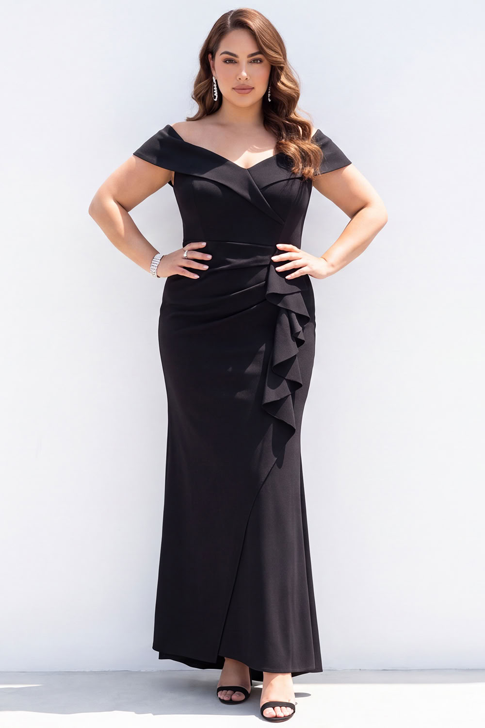 Plus Size Mermaid Black Off the Shoulder Formal Dress with Sash