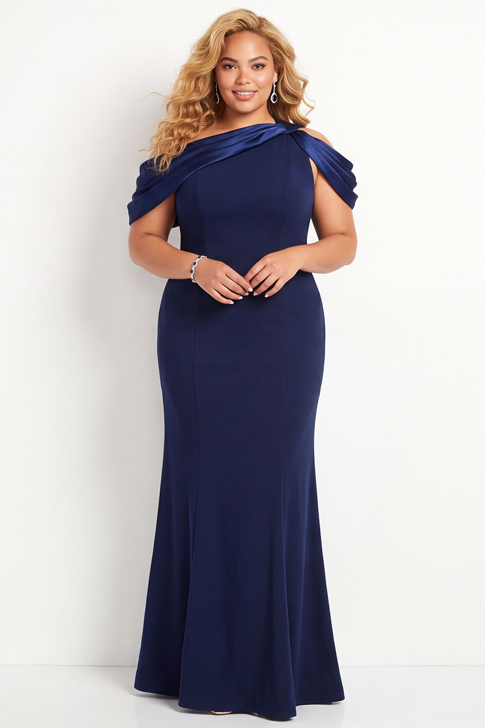 Dressself Women Navy Mermaid Plus Size Formal Dress Asymmetrical Neck Long Evening Dress