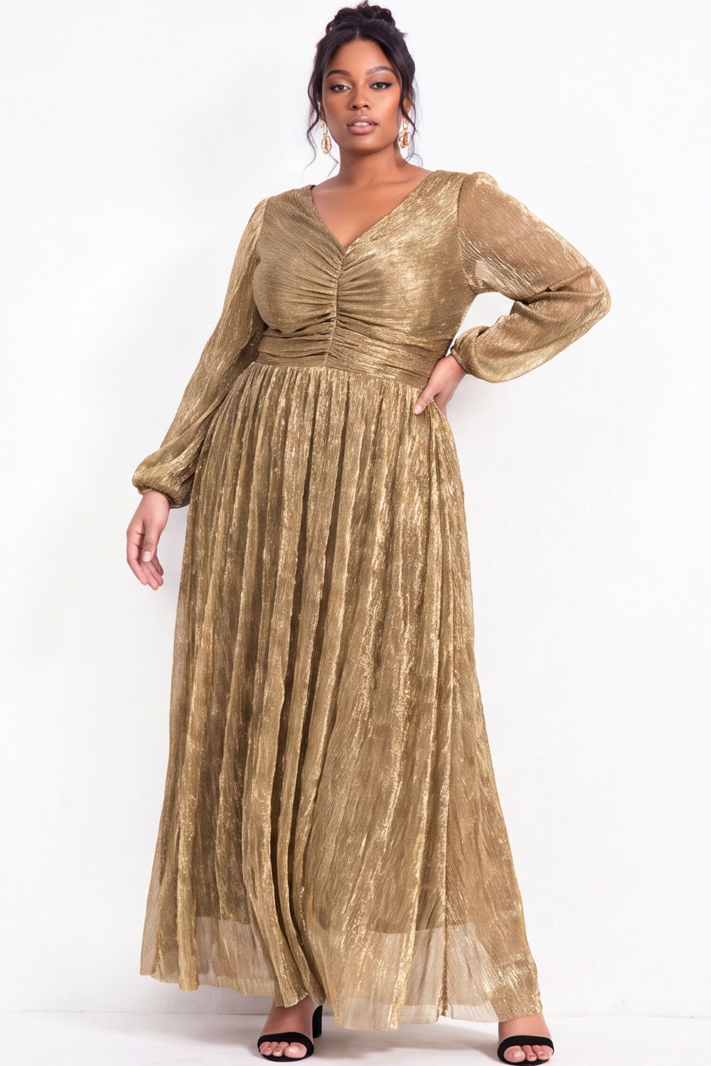 Dressself Women Plus Size Gold Maxi Dress V Neck Long Sleeve Pleated Metallic Satin Evening Dress