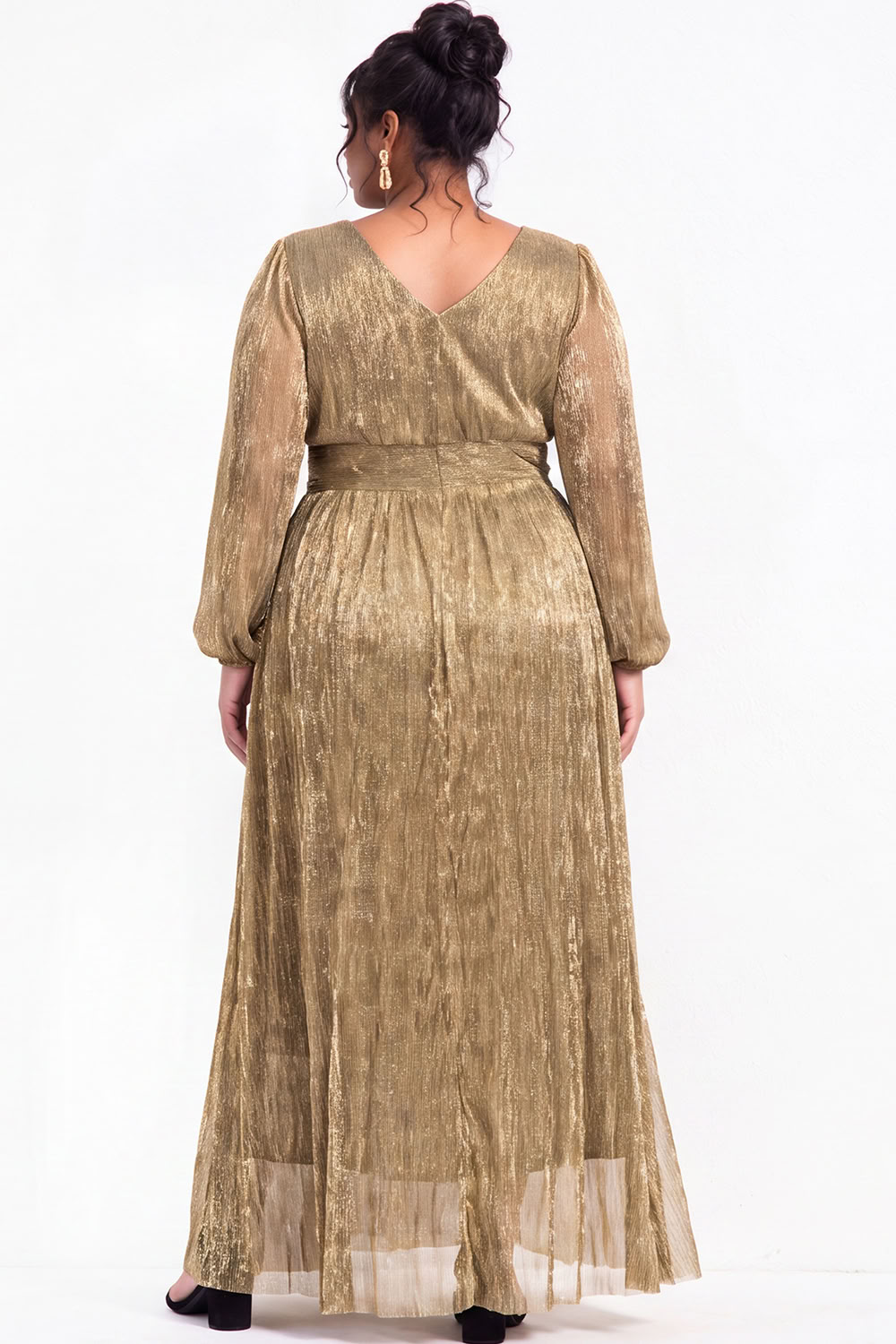 Plus Size Gold Pleated Maxi Dress with Long Sleeves