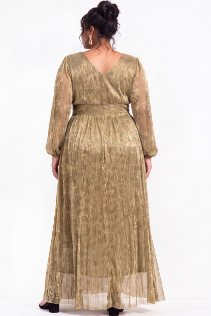 Plus Size Gold Pleated Maxi Dress with Long Sleeves