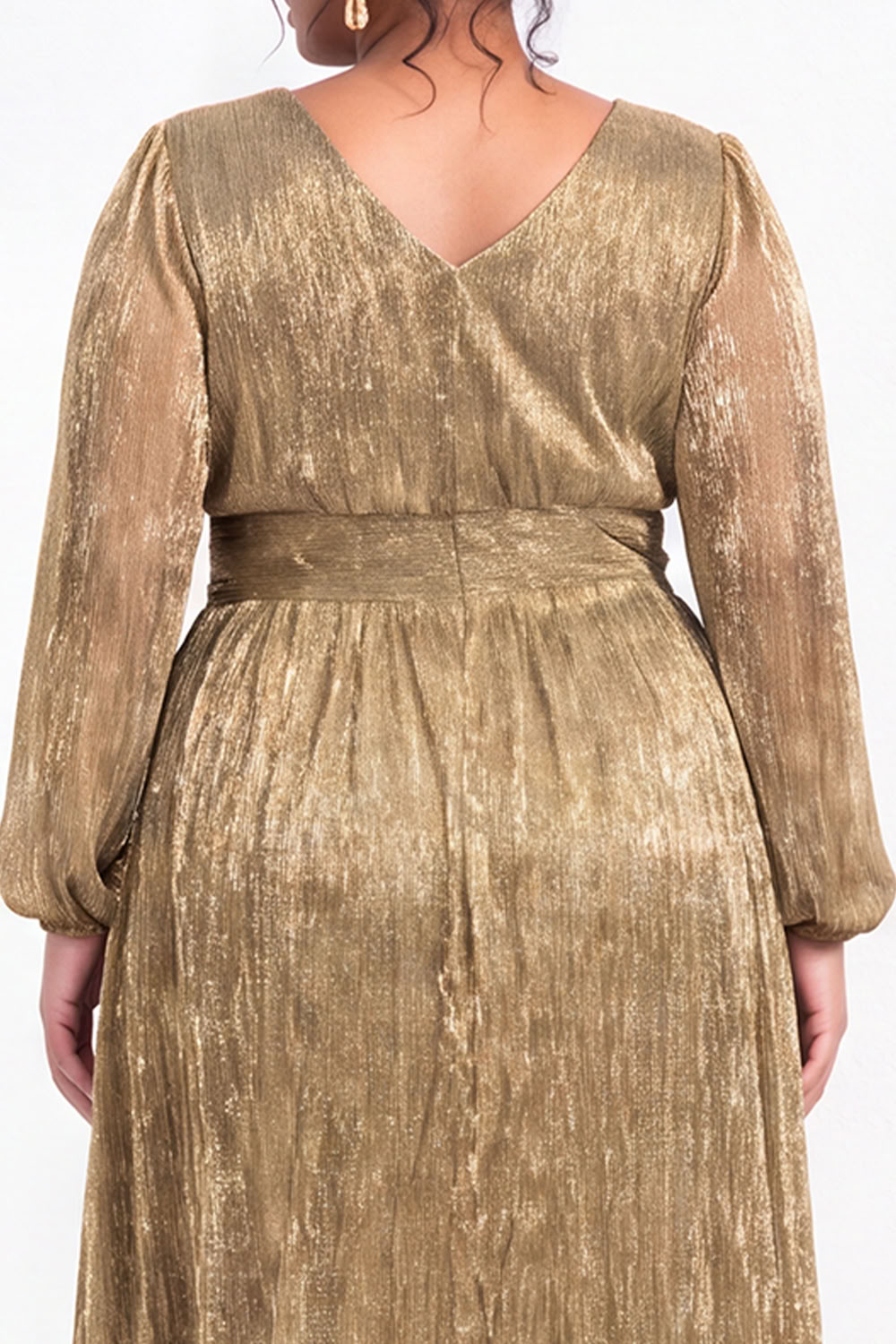 Plus Size Gold Pleated Maxi Dress with Long Sleeves