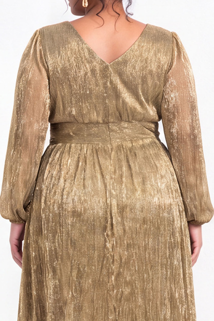 Plus Size Gold Pleated Maxi Dress with Long Sleeves