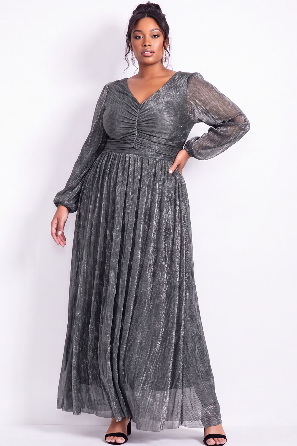 Plus Size Gold Pleated Maxi Dress with Long Sleeves