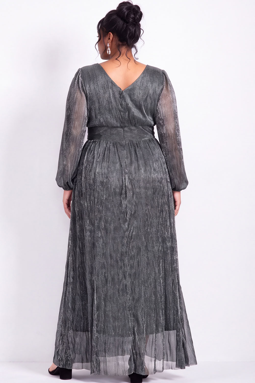 Plus Size Gold Pleated Maxi Dress with Long Sleeves