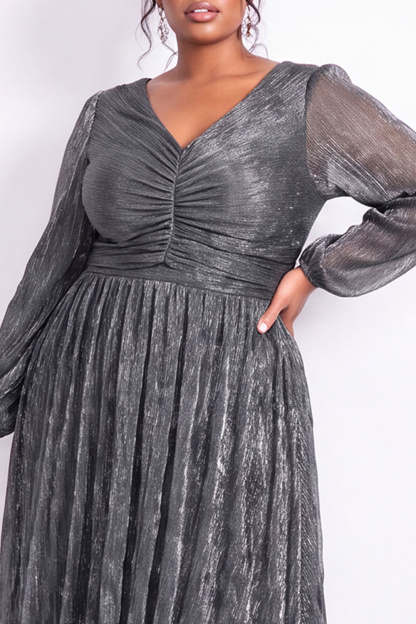 Plus Size Gold Pleated Maxi Dress with Long Sleeves