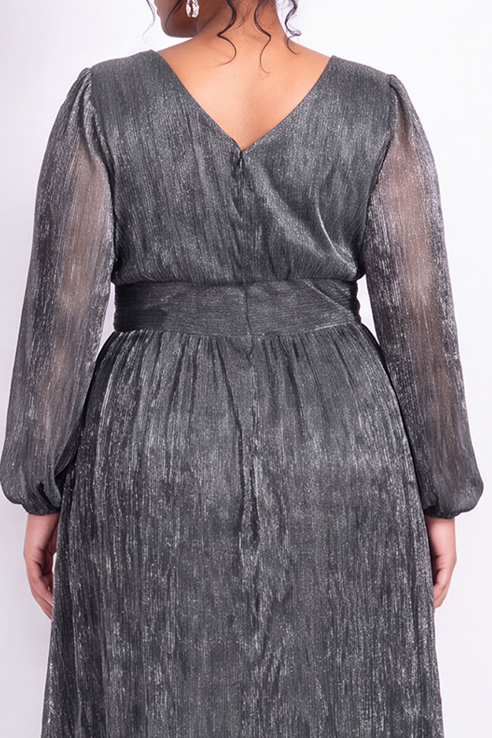 Plus Size Gold Pleated Maxi Dress with Long Sleeves