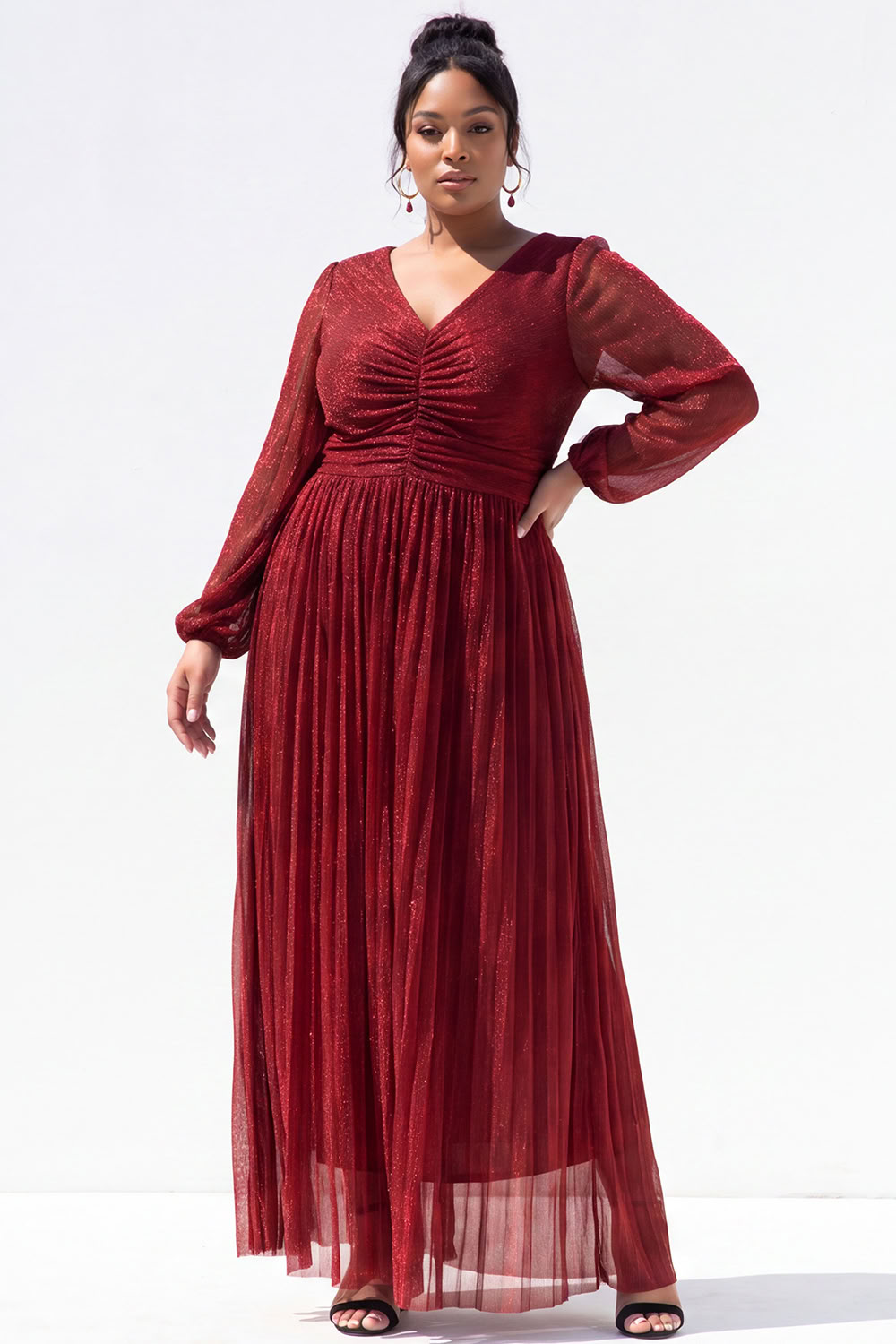 Plus Size Gold Pleated Maxi Dress with Long Sleeves