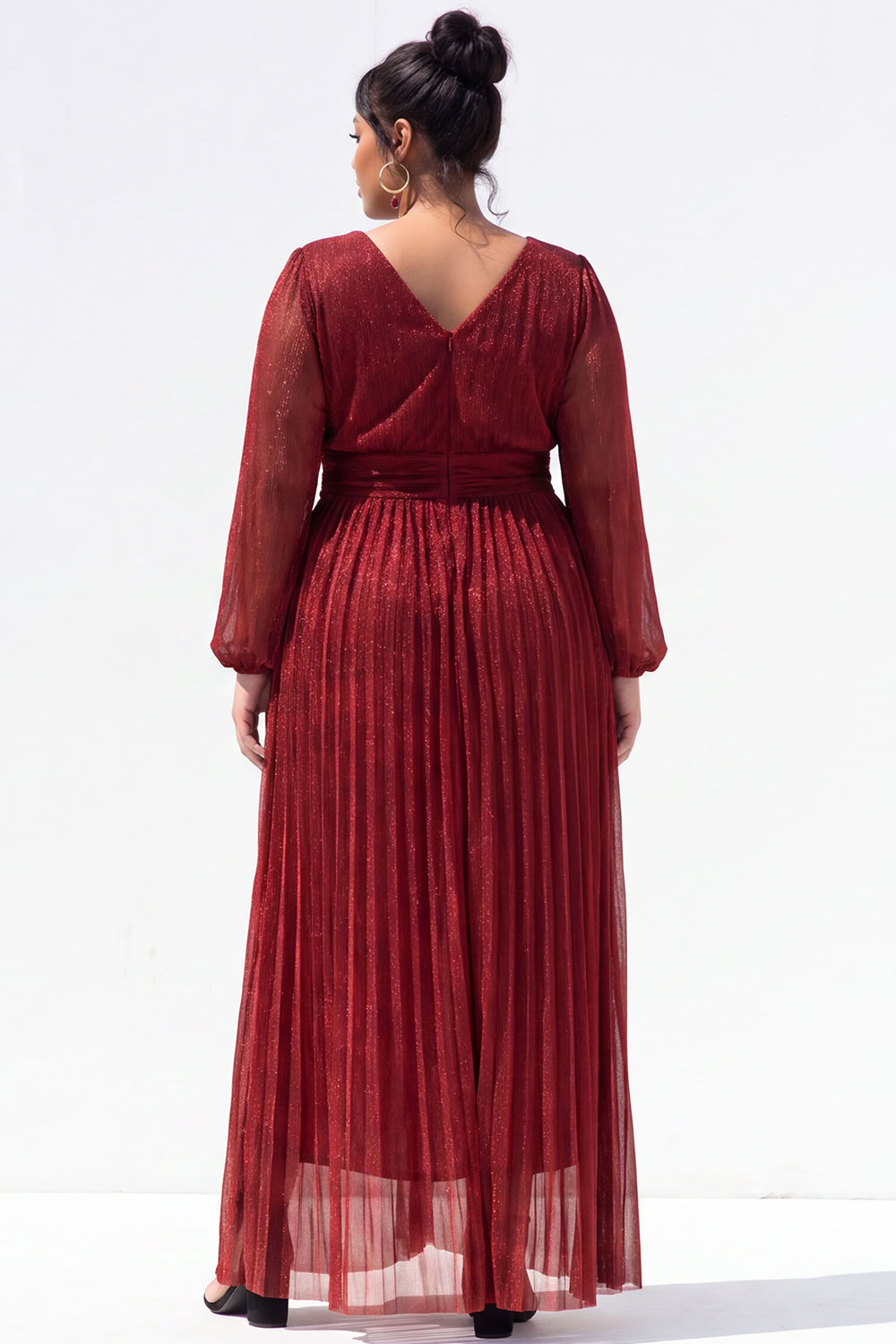 Plus Size Gold Pleated Maxi Dress with Long Sleeves