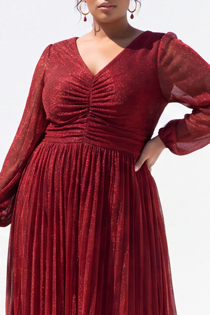 Plus Size Gold Pleated Maxi Dress with Long Sleeves