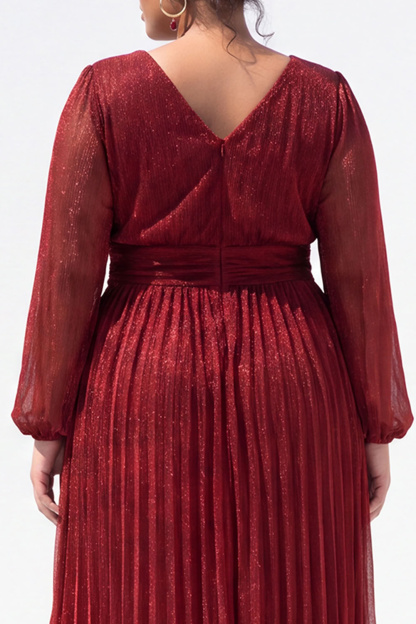 Plus Size Gold Pleated Maxi Dress with Long Sleeves