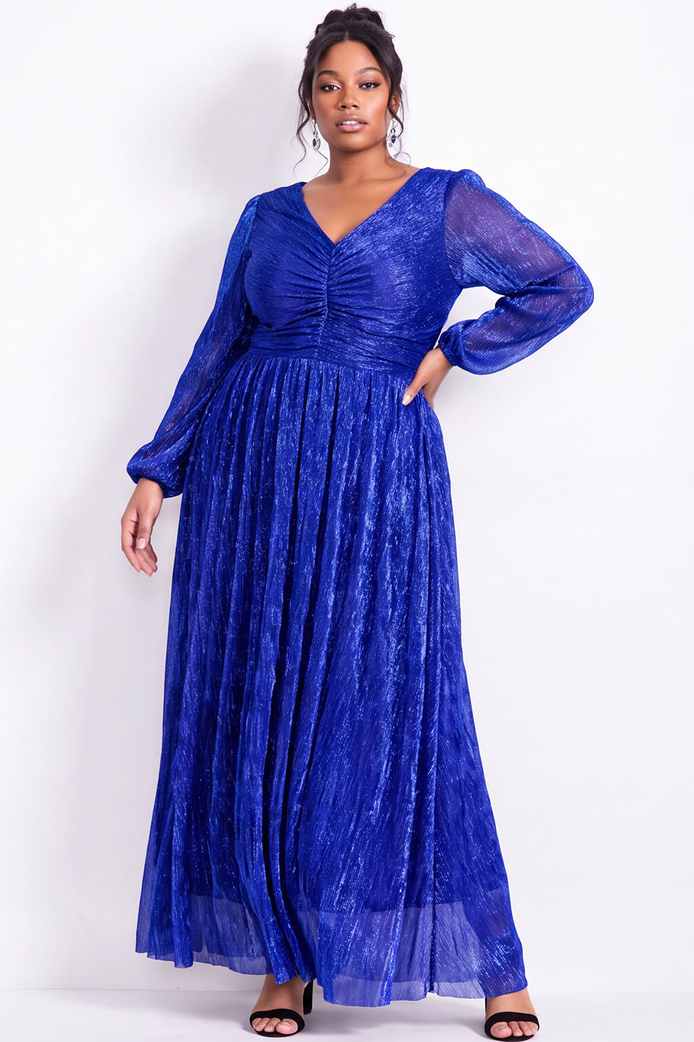 Plus Size Gold Pleated Maxi Dress with Long Sleeves