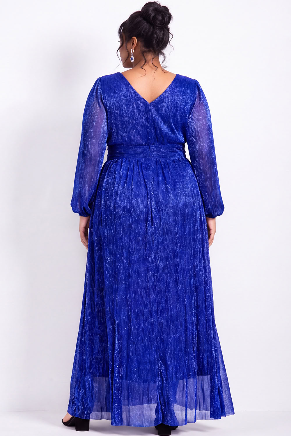 Plus Size Gold Pleated Maxi Dress with Long Sleeves