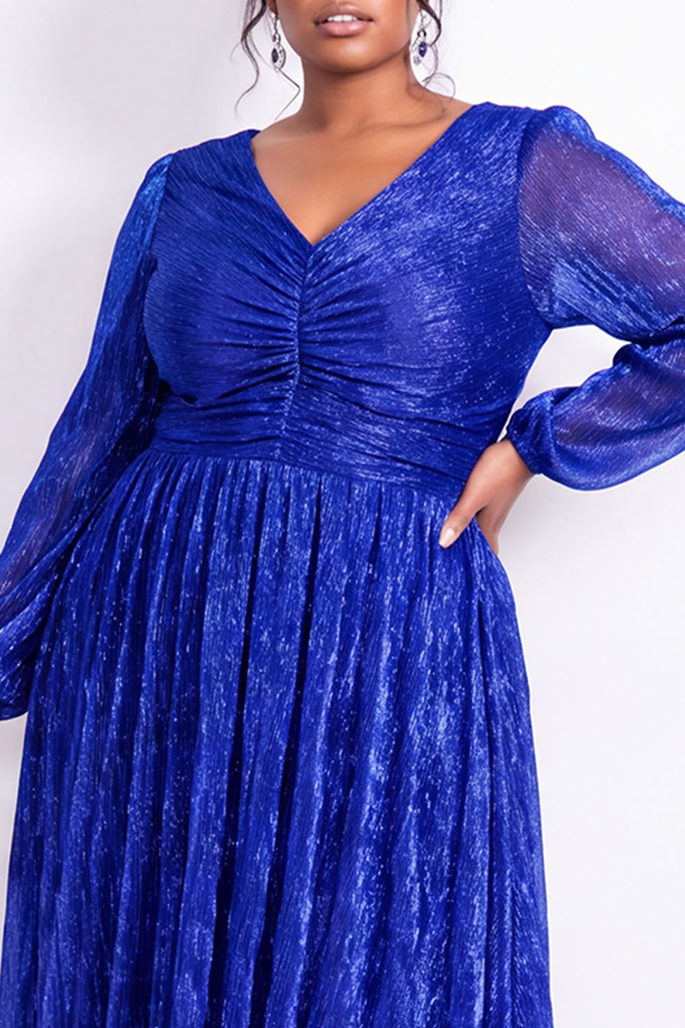 Plus Size Gold Pleated Maxi Dress with Long Sleeves