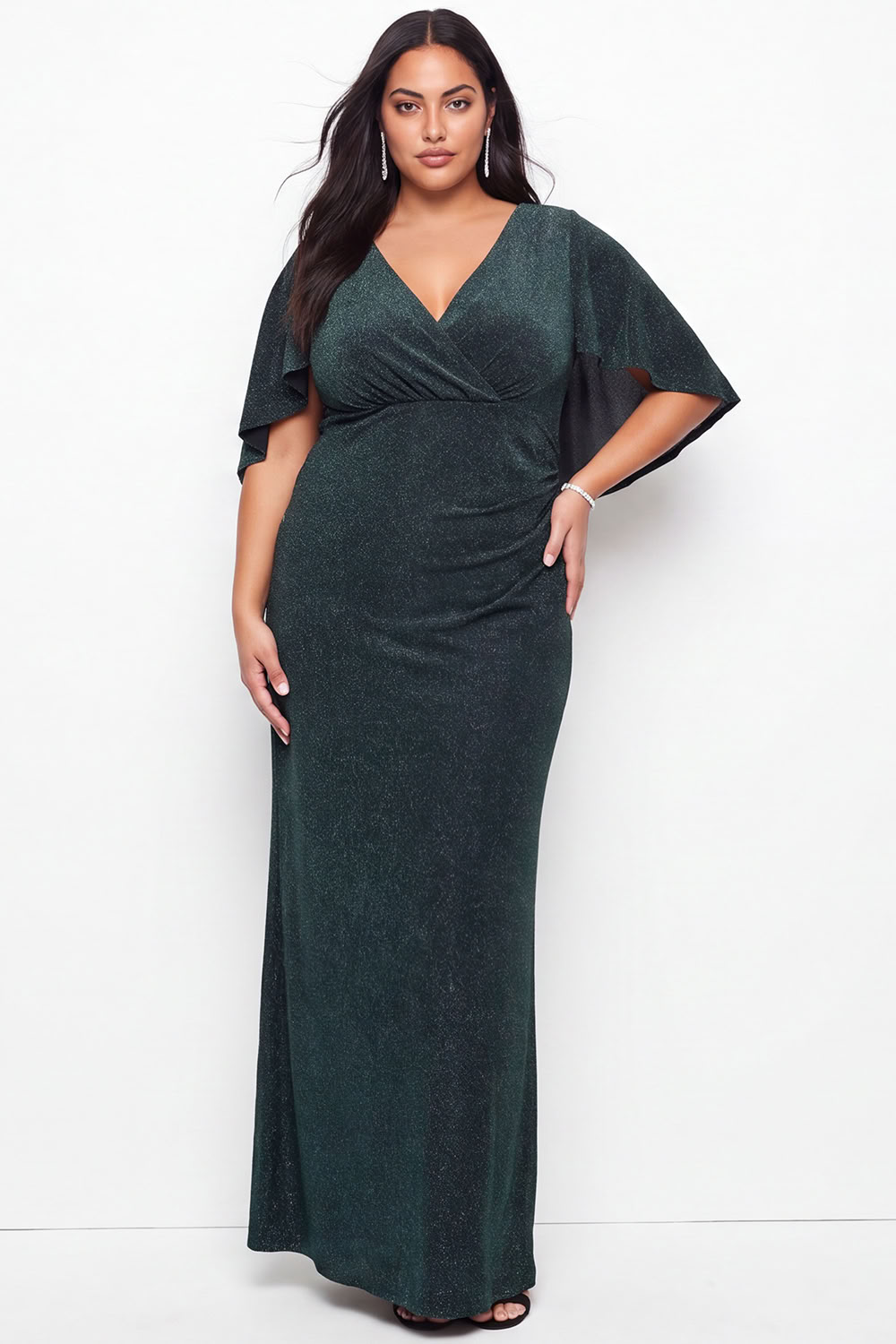 Dressself Women Plus Size Pine Green Formal Dress Mermaid V Neck Long Evening Dress with Cape Sleeevs