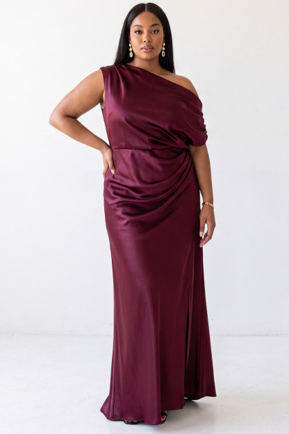 Dressself Women Plus Size Burgundy Formal Dress One Shoulder Mermaid Satin Long Evening Dress