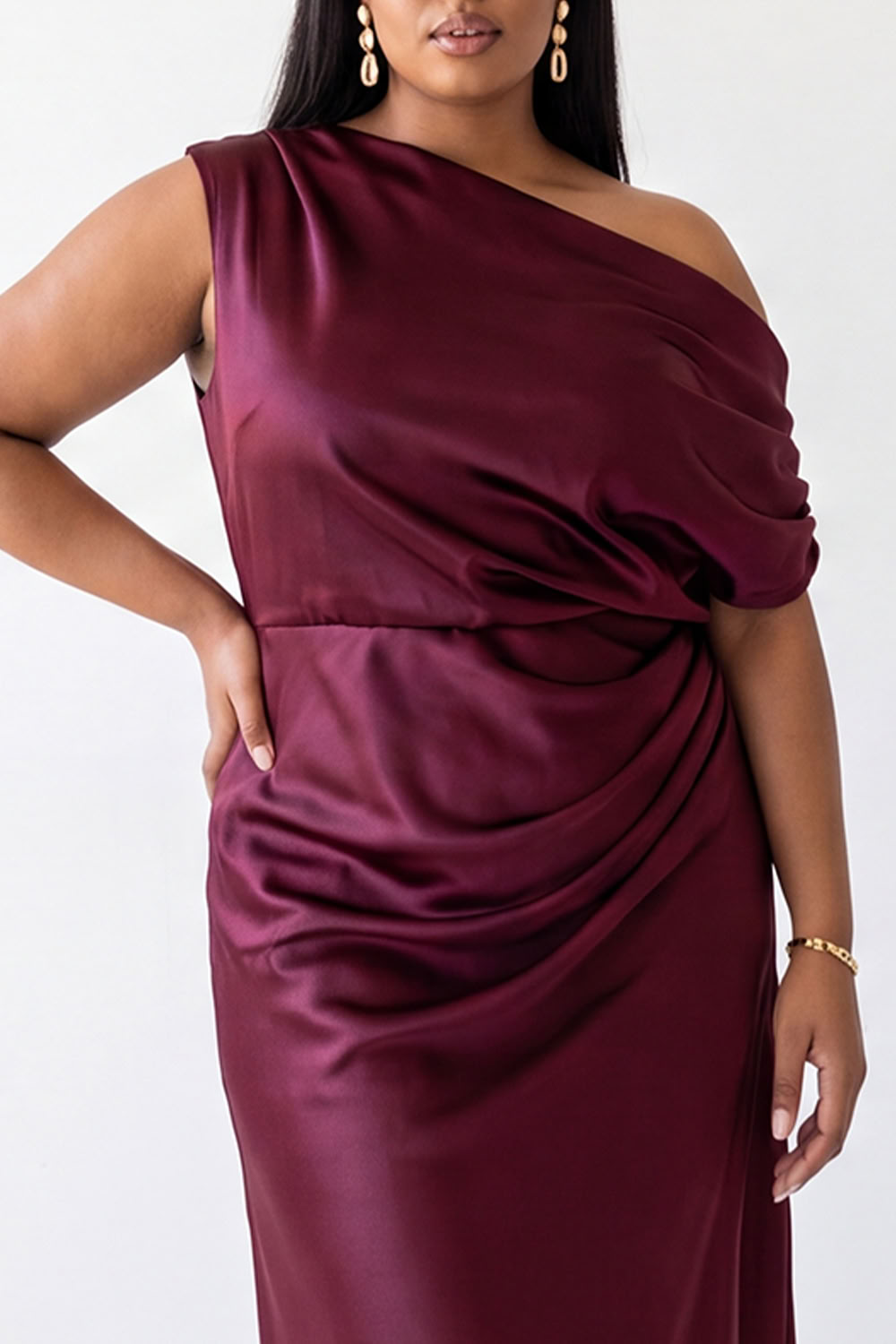 Plus Size Burgundy One Shoulder Mermaid Formal Dress