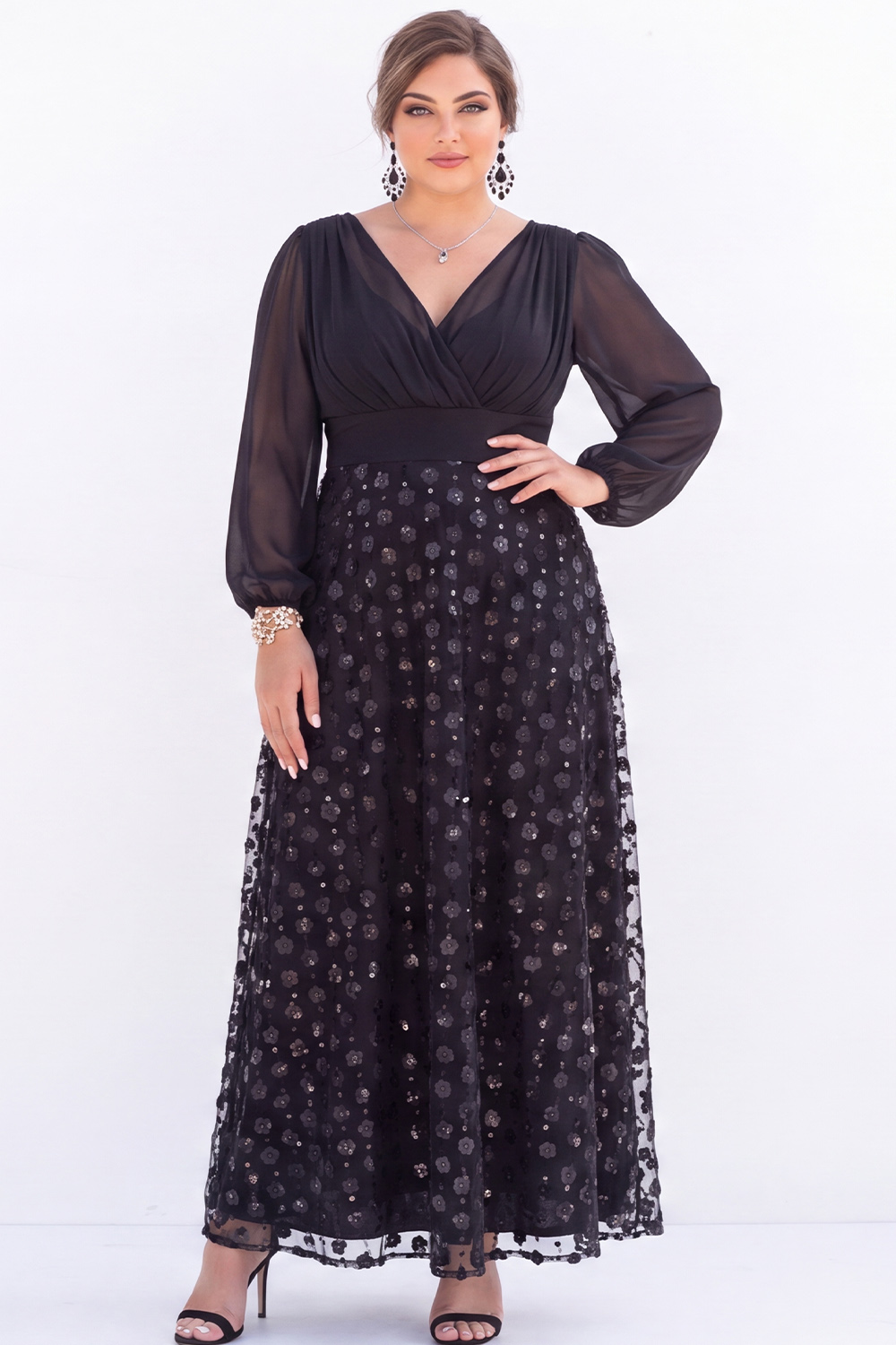 Black Sequin A Line Plus Size Formal Dress with Long Sleeves