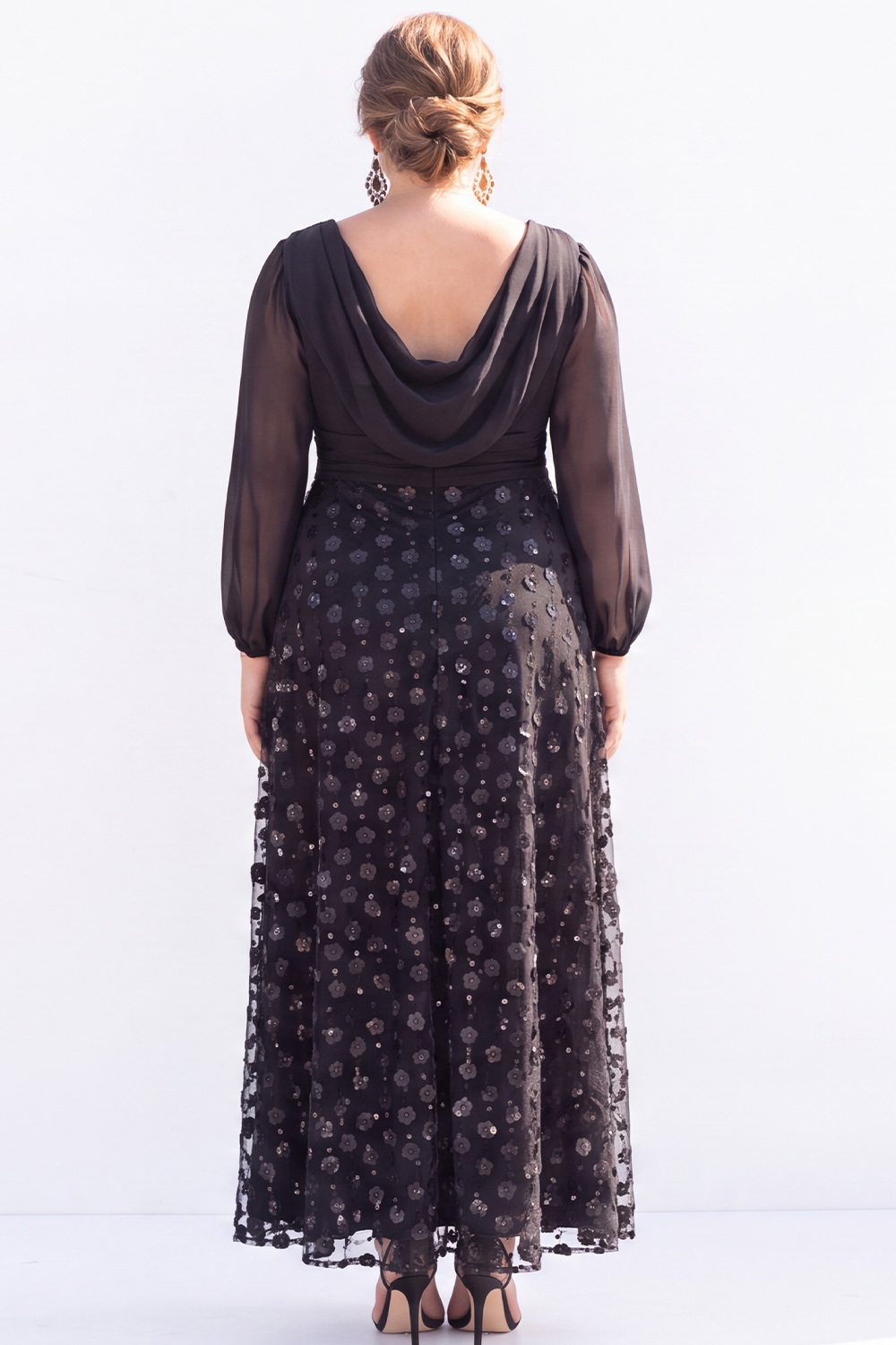 Black Sequin A Line Plus Size Formal Dress with Long Sleeves