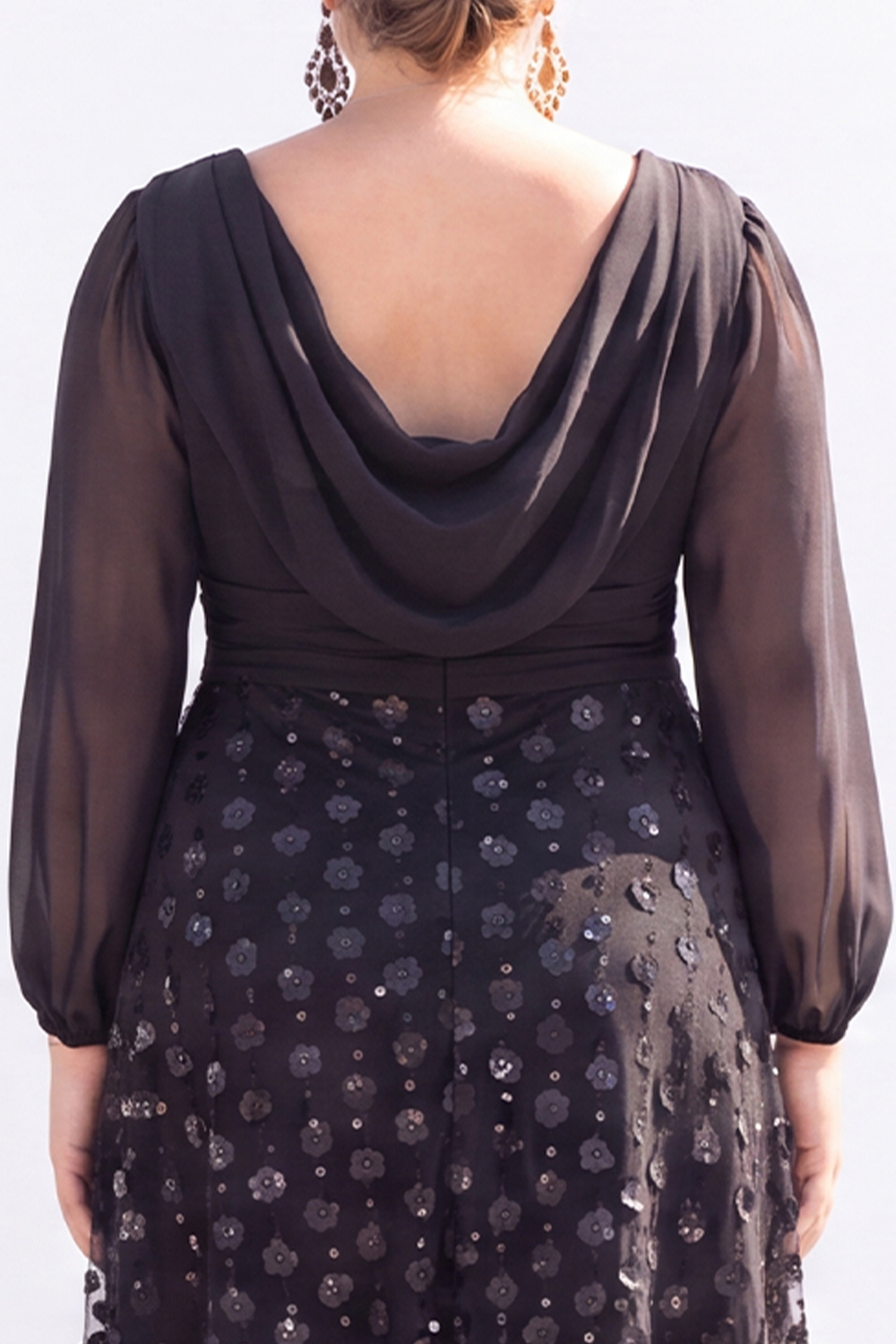 Black Sequin A Line Plus Size Formal Dress with Long Sleeves