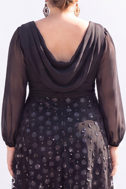 Black Sequin A Line Plus Size Formal Dress with Long Sleeves