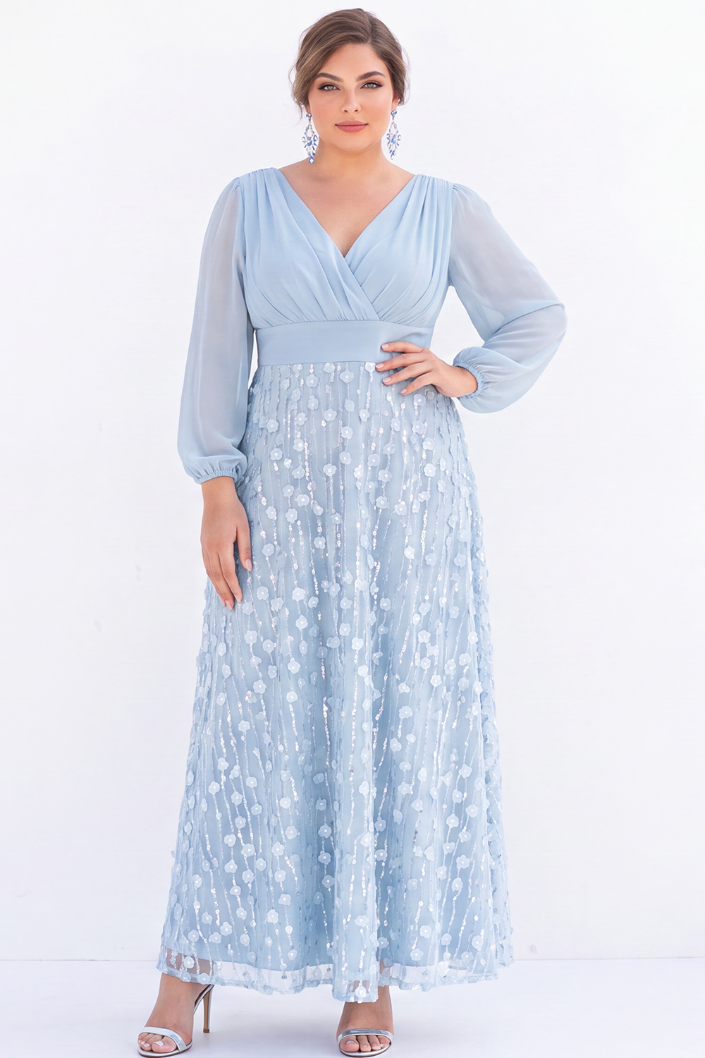 Black Sequin A Line Plus Size Formal Dress with Long Sleeves