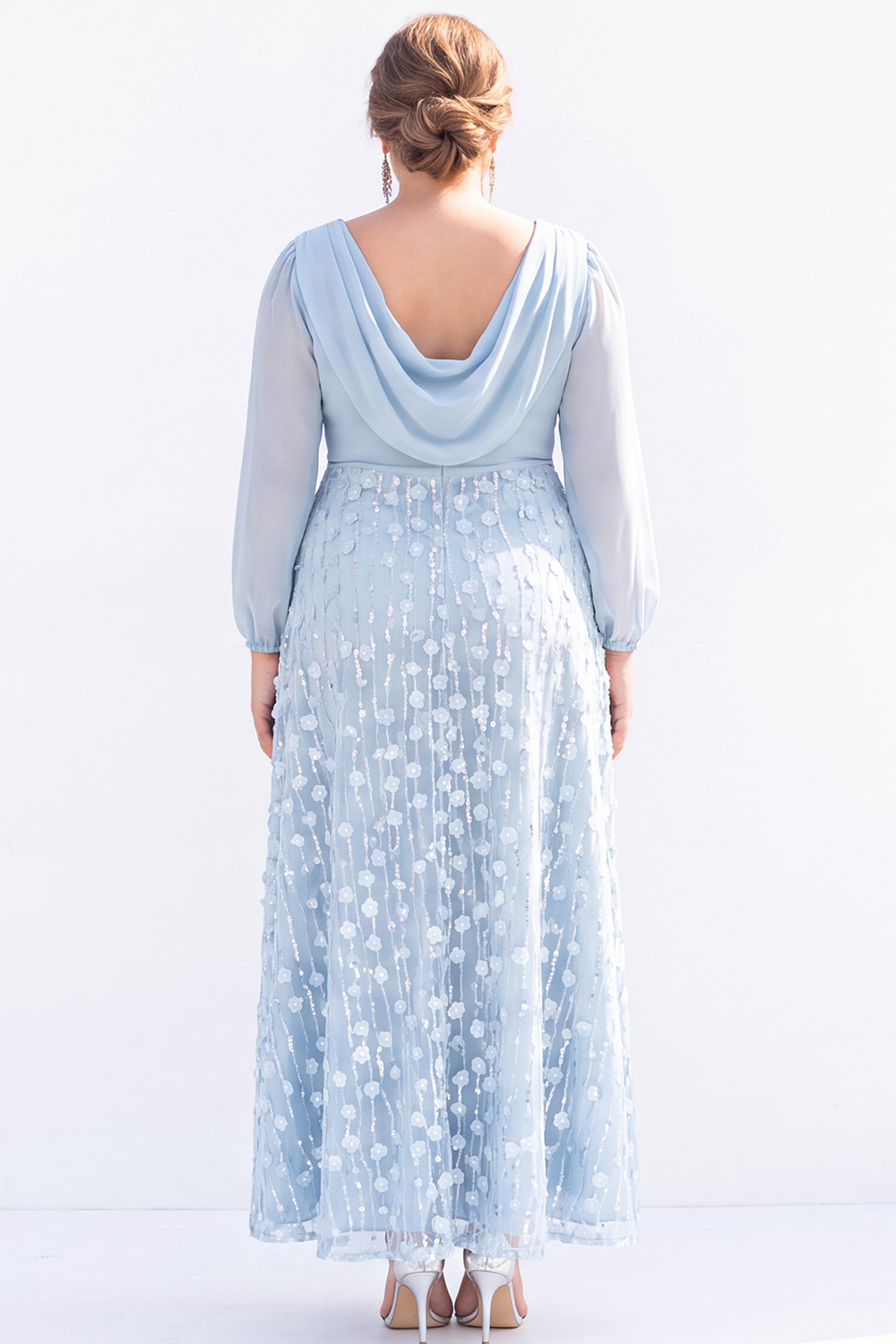 Black Sequin A Line Plus Size Formal Dress with Long Sleeves