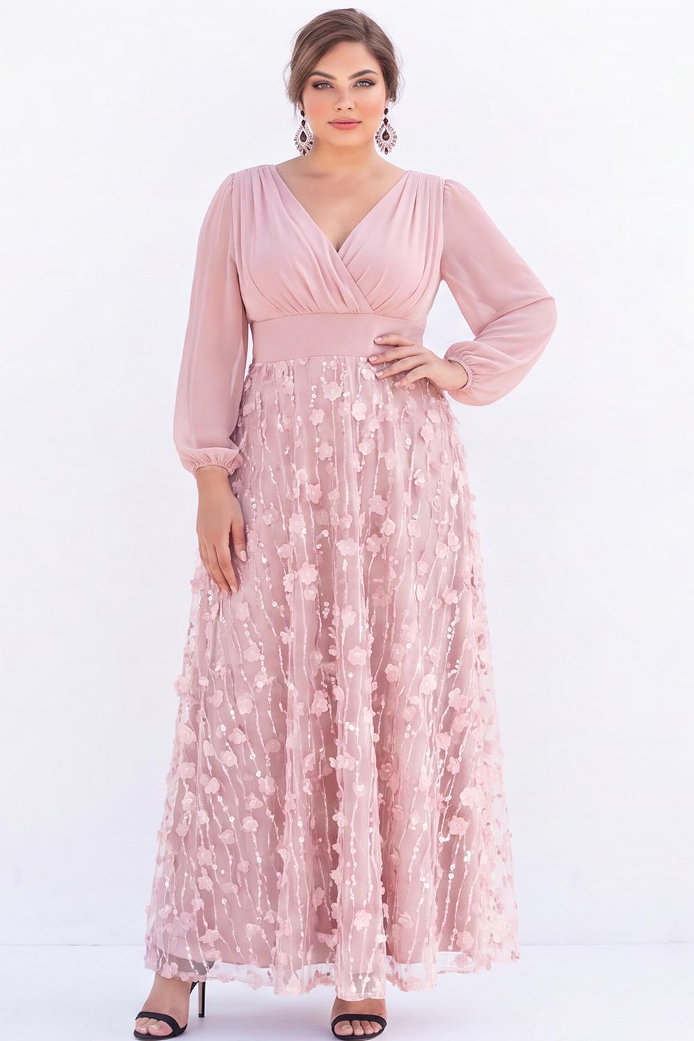 Black Sequin A Line Plus Size Formal Dress with Long Sleeves