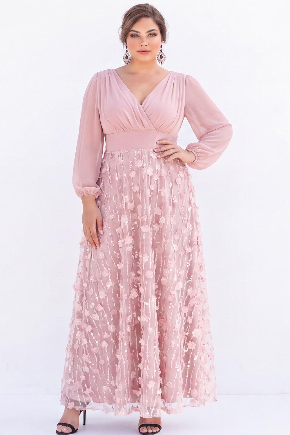 Black Sequin A Line Plus Size Formal Dress with Long Sleeves