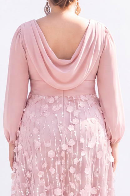 Black Sequin A Line Plus Size Formal Dress with Long Sleeves