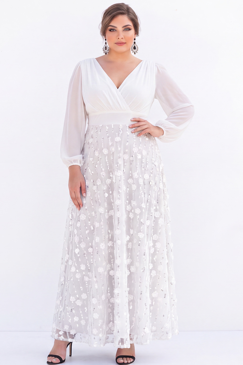 Black Sequin A Line Plus Size Formal Dress with Long Sleeves